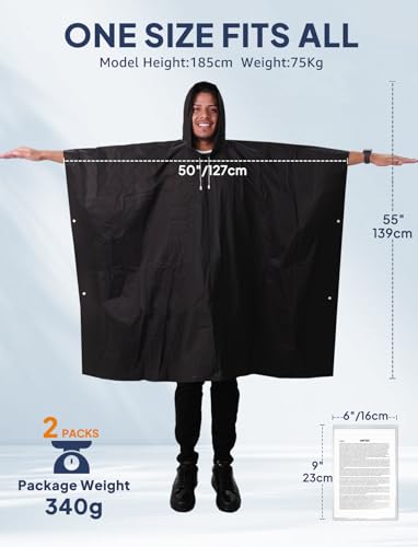 ANYOO Regenponcho Wasserdicht Regenjacke 2 Stück für Herren Damen, Leicht Regencape Regenschutz Wiederverwendbarer mit Kapuze für Festivals, Camping, Wandern, Reisen, Schwarz, Einheitsgröße