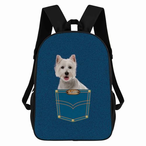 Westie Backpack Bookbag Custom Blue Jeans Print Daypack Laptop Bag for Work Travel Hiking 17 Inch Lightweight