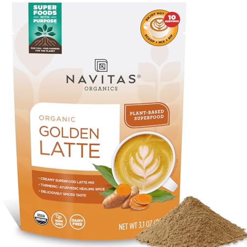 Navitas Organics Golden Latte, bolsa de 3.1 onzas, 10 porciones, orgánico, sin OMG, sin lácteos