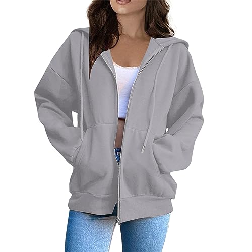 Strickjacke Damen,Damen Kapuzenjacke Vintage Oversize Sweatjacke Sweatshirt College Jacke Übergangsjacke Zip Hoodie Hoody Mit Kapuze Y2K Teenager Mädchen Kaputzenpullis,Couple Hoodie,Hellgrau,L