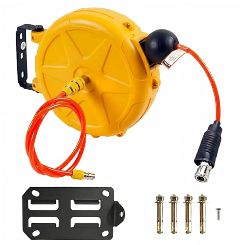 エアーホースリール 10m キイロ ホースリール 自動巻き取り 天吊可能 180°回転 伸縮式スプリング エアホース 外径φ8mm 内径5mm ブラケット付 エアーダスター ネイルガン エアードリル 空気圧工具 工場 洗車場 家庭菜園 自動車修理工場