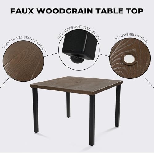 Image of Grand patio 5-Piece Outdoor Dining Set for 4, Metal Woven Wicker Fixed Patio Chairs with Thickened Cushions & 1 Square Woodgrain Dining Table with Umbrella Hole for Backyard Deck (Black)