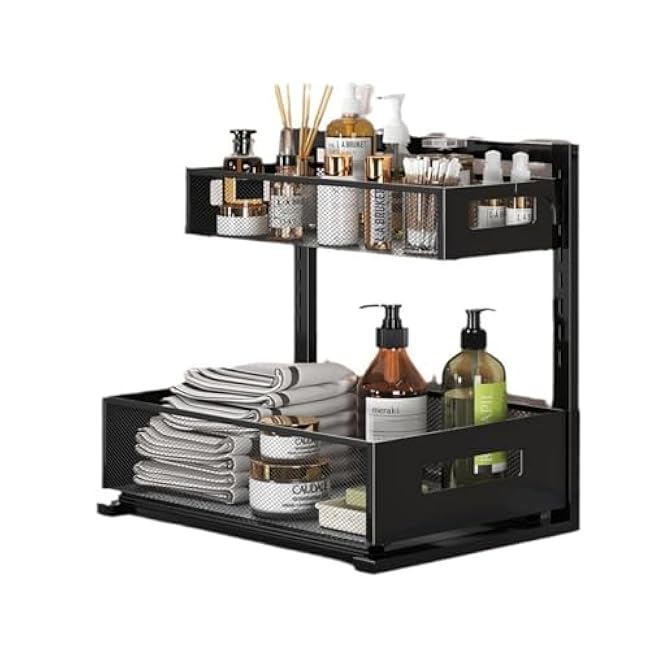 ONEUPIN Under Sink Organizer, Multi-Purpose 2 Tier Pull Out Cabinet Organizer Baskets£¬Adjustable Height Design Slide Out Storage Shelf for Home Kitchen and Bathroom (1 Pcs Black)