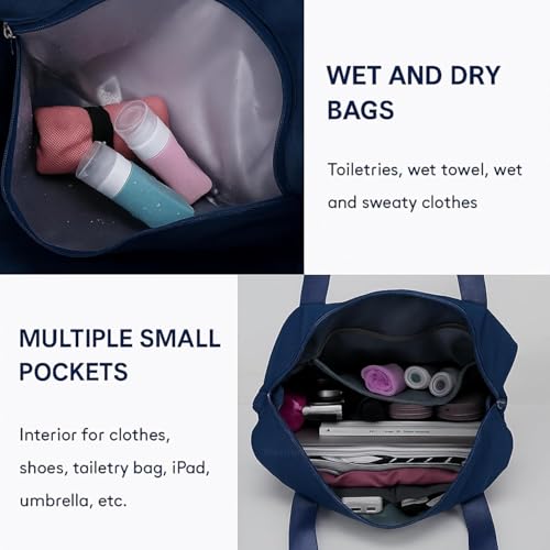 Image of Large Capacity Folding Travel Tote Bag, Oxford Fabric Waterproof Lightweight Foldable Travel Duffel Bag, Portable Expandable Travel Bag, Dry and Wet Separation Carry On Bag for Airplanes (Dark Blue)