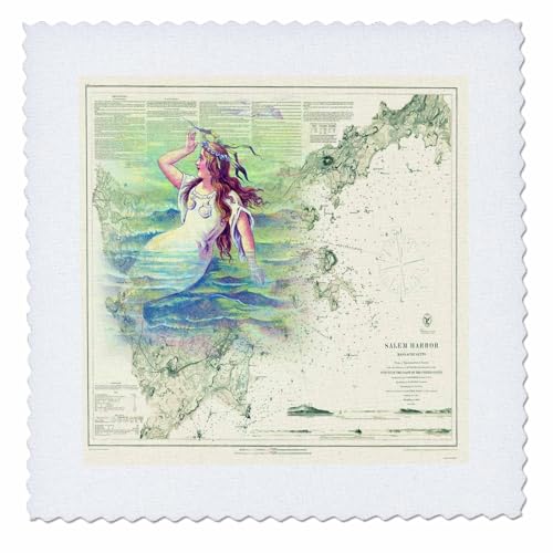 3dRose Print of Salem Harbor Vintage Chart With Mermaid - Quilt Square, 10 by 10-inch (qs_204906_1)