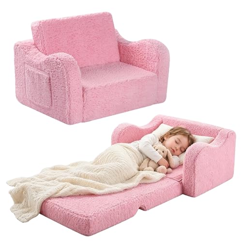 MeYuxg 3 en 1 Sofa Infantil, Sillon Bebe para Niños y Niñas, Sillón Convertible y Cama Plegable, Mini Sofá, Regalo del Niño y Cumpleaños, Rosa