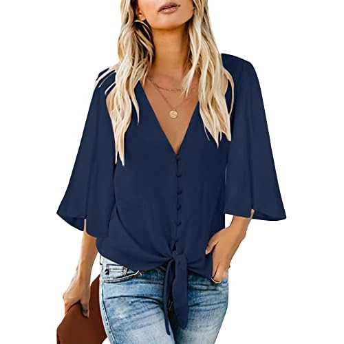 luvamia Women's Casual V Neck Tops 3/4 Sleeve Tie Knot Blouses Solid Button Down Shirts Small Estate Blue