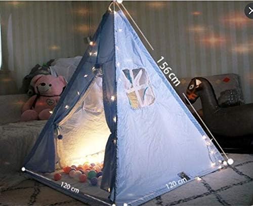 ABU Foldable Teepee Play Tent Playhouse Classic Indian Style Play Tent with Floor Mat Play Cottage with Warm-Toned Star LED Carry Bag Indoor Outdoor Playhouse for Girls and Boys Room Decor(Blue)