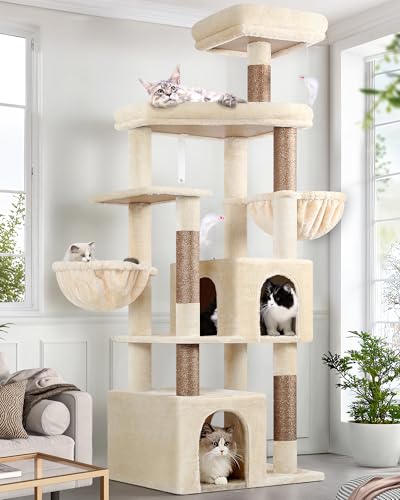Image of Globlazer Sturdy Cat Tree for Indoor Cats 20 lbs, S68, Beige | 68-inch Large Cat Tower for Adult Big Cats, Heavy Duty Cat Tree with Extra Large Platform, 5 Scratching Post