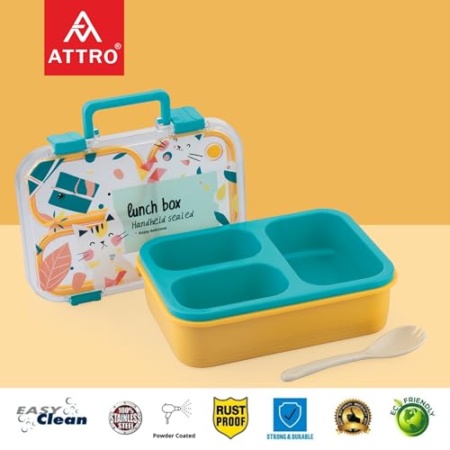 Image of ATTRO Kitty Kart Plastic Lunch Box - 3 Compartment Bento Tiffin, Leak-Proof & Durable, Plastic Cutlery, Ideal for Kids, School,Picnic - 800ml, Blue Orange