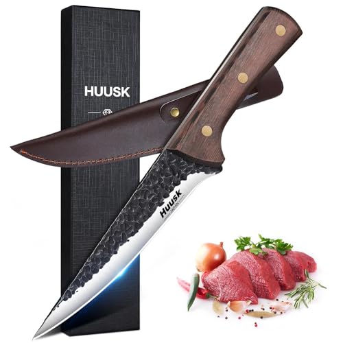 Huusk Boning Knife for Meat Cutting - Japanese High Carbon Steel Fillet Knife - Hand Forged Trimming Knives - Chef Knives for Meat, Fish, Poultry, Grilling Gifts for Men and Women