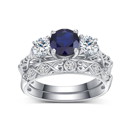 2.75 Carat(ctw) Round-Cut Sapphire Engagement Rings Sets for Women,10K 14K 18K Real Gold 3 Stones Moissanite Wedding Rings Sets,Bridal Ring with Free Engraving