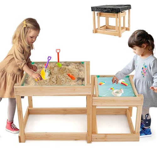 GLACER Sand Table, Space-Saving Toddler Activity Table with Built-in Liner, Protective Cover, Water and Sandbox Table for 3+ Years Old Boys and Girls, 2 Pcs Sensory Table for Garden, Bench, Backyard
