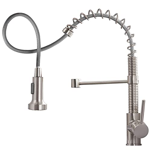 OWOFAN Pull Out Kitchen Faucet Low Lead Commercial Single Handle Pull Down Sprayer Spring Kitchen Sink Faucet, Brushed Nickel Kitchen Faucets with Deck Plate 866055SN