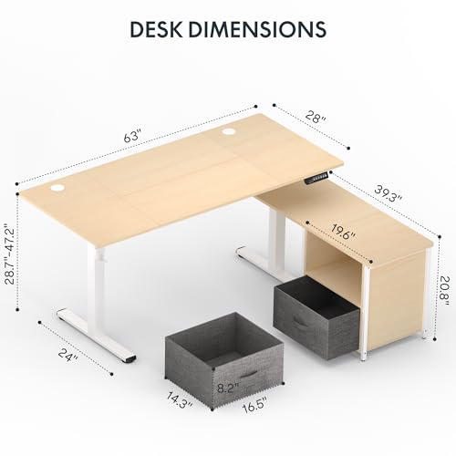 Image of FLEXISPOT L Shaped Standing Desk with Drawers, Large Electric Height Adjustable Executive Desk, Sit Stand Desk for Home Office and Workstation, Hooks and USB Port (63 inchx28 inch White Wood Grain)