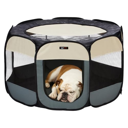 Image of amazon basics, Foldable Soft Pet Playpen Indoor Pet Fence Enclosure with Mesh Window, Lightweight and Durable for Travel, Medium | 91cm x 91cm x 51cm