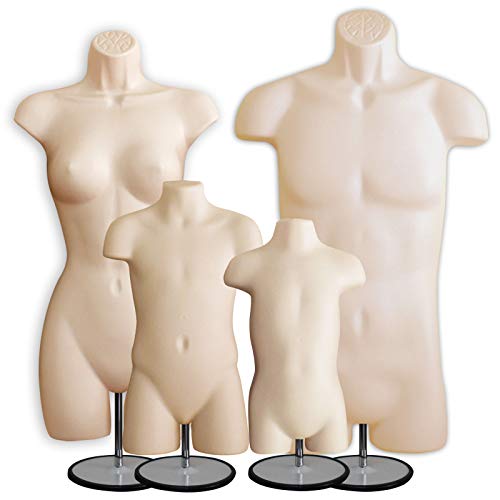 DisplayTown Flesh 4 Mannequin Forms - Male Female Child & Toddler Hip Long Torso Hanging Mannequin Set Hollow Back Plastic Body Forms, S-M Size (Long Set w/ 4 Metal Stand)