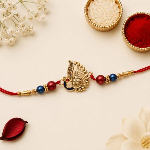 Image of eCraftIndia Red, Blue & Golden Designer Peacock Rakhi with Roli Chawal Pack - Rakhi for Brother