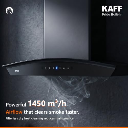 Image of KAFF 60cm Curved Filterless Auto Clean Kitchen Chimney | 1400 m /hr High Suction, Low Noise | Touch & Gesture Control | Matt Black | 2 yr Product and 10 Yr Motor Warranty | NIORDHC60