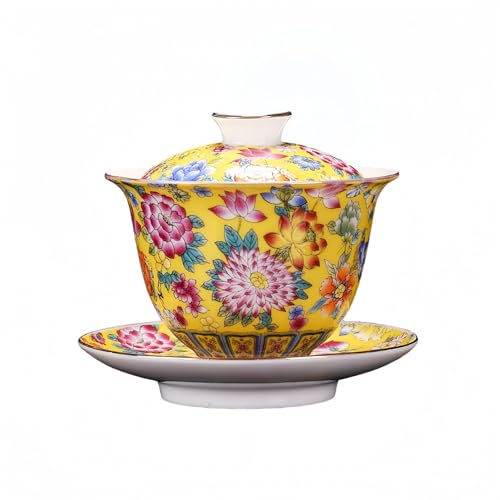 手?蓋碗 セラミック 茶器セット | 磁器製、200ml、受け皿付き、5色から選べる | ギフトに最適 おしゃれな茶碗 誕生日・結婚式用 (ゴールデン)