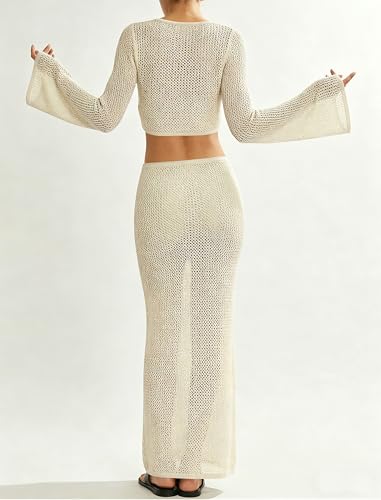 Image of Cakulo Women's Crochet Cover Up 2 Piece Beach Skirt Sets | Hollow Out, Tie Front Crop Tops, Bell Sleeve, Sarong Wraps, Swimsuit Bathing Suit Coverup, Resort Wear Beach Vacation Outfits