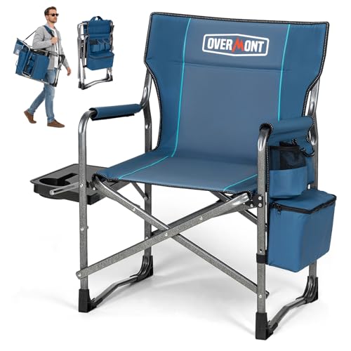 OVERMONT Campingstuhl Faltbar Regiestuhl Klappbar - bis 180 KG Belastbar - Klappstuhl mit Seitentisch K&uuml;hltasche f&uuml;r Camping Angeln Festival...