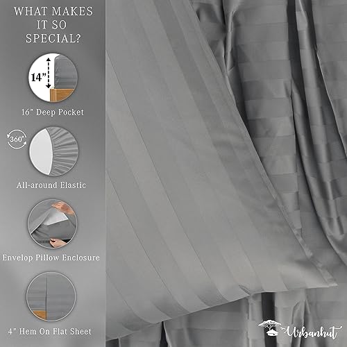 URBANHUT 800 Thread Count Egyptian Cotton Twin Size Damask Striped Sheets Set (4 Pc) - Ultra Soft & Smooth, Thick & Crisp Sateen Weave Twin Bedsheets, Fits Upto 16" Mattress - Dark Grey