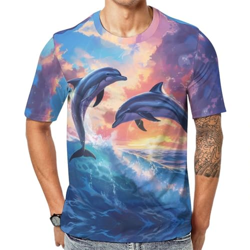 Dolphins Sunset Unisex Adult T-Shirts Summer Short Sleeve Tee Casual Tops Funny Graphic L