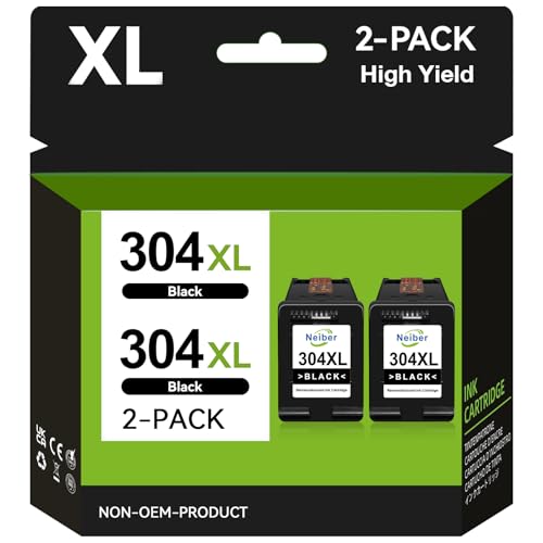 Neiber 304XL Ink Cartridge High Yield Remanufactured for HP 304 Black Ink Compatible With Envy 5020 5010 5030 5032 5000 DeskJet 3720 2600 2633 2632 3760 3750 3762 2630 2620 2622 2 Pack