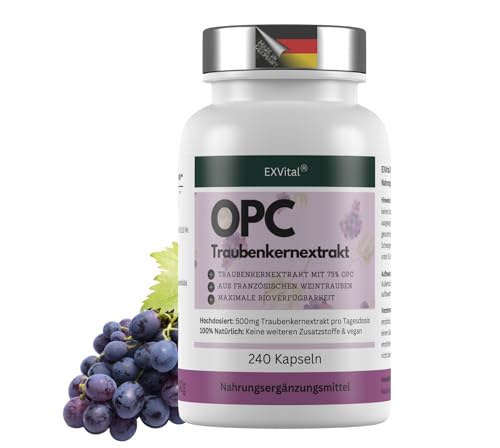 EXVital® OPC Traubenkernextrakt - 240 Kapseln - hochdosiert mit 500mg pro Kapsel - aus französischen Trauben - laborgeprüft & vegan