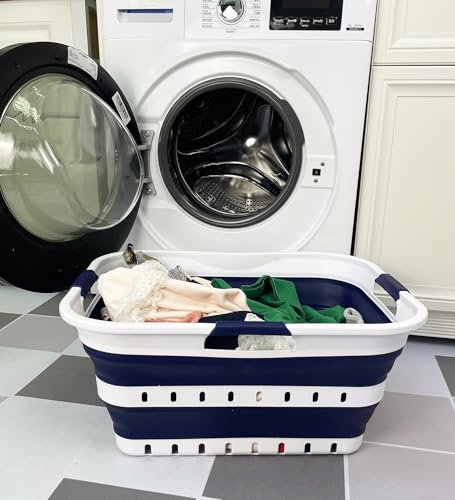 Image of SAMMART 42L (11 gallon) Collapsible Plastic Laundry Basket - Foldable Pop Up Storage Container /Organizer - Space Saving Hamper /Basket (1, White /Starry Blue)