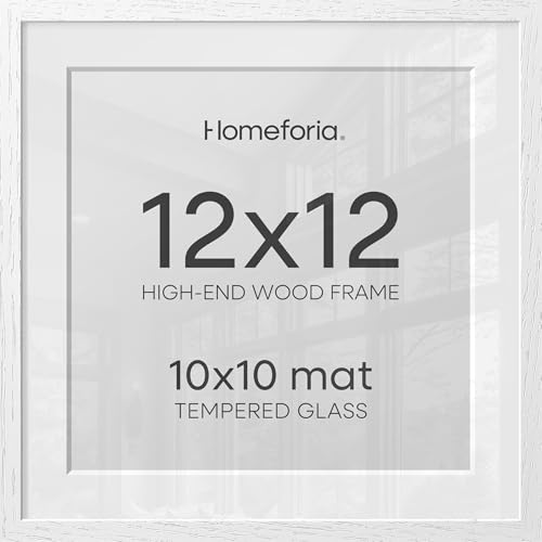 Image of Homeforia 12x12 White Frame Wood, High End Oak 12 x 12 Square Picture Frames with Mat 10 by 10 inches Photo, 12by12 White Wooden Poster Frames Matted to 10x10 Print, Tempered Glass, Wall Kit, Set of 2