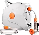manguera de agua enrollable 【MATERIALES DURADEROS MEJORADOS】 Manguera fabricada con materiales poliméricos híbridos de 30 + 2m, es más resistente a las torceduras y desgarros y es resistente al desgaste