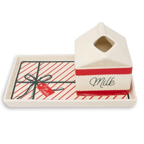Steel Mill & Co Ceramic Milk & Cookies for Santa Set 2-Piece Christmas Eve Tray & Milk Jug Gift Box Design Holiday Tableware Set for Festive Christmas Dcor (Bow)