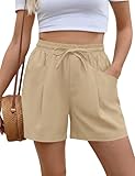 AKEWEI High Waisted Shorts Women 2026 Summer Wide Leg Linen Clothes Fashion 5 Inch Inseam Shorts with Pockets Apricot XXL