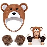 Zoooyawn 3 Pcs Brown Bear Halloween Costume Set Plush Brown Bear Hat with Ear Flaps Faux Fur Fingerless Paws Gloves with Elastic Wristbands for Adult Halloween Cosplay Party Outfit Decoration Supplies