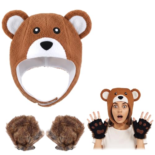 Zoooyawn 3 Pcs Brown Bear Halloween Costume Set Plush Brown Bear Hat with Ear Flaps Faux Fur Fingerless Paws Gloves with Elastic Wristbands for Adult Halloween Cosplay Party Outfit Decoration Supplies