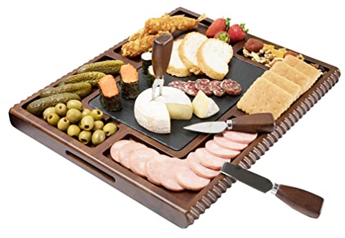 Buy 1 get 1 🔥 Shanik Upgraded Acacia Cheese Board Set, Square Shaped Charcuterie Set, Cheese Platter with Double Sided Slate, Handcrafted Design and Stainless Steel Cutlery Set - For any Occasion
