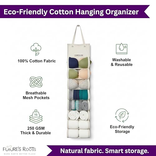 Image of FUTURE'S ROOTS Cotton Hanging Organizer for Wardrobe with 8 Transparent Mesh Pockets(Set of 3) | Wall Mounted & Travel Storage for Socks, Bra, Innerwear & Accessories | Foldable Space-Saving Design