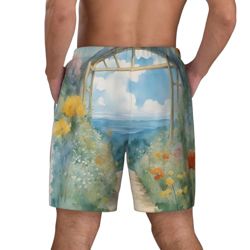 Season Watercolors of Herbs Flowers Men's Soft Double Swim Shorts, Lounge Swiming Shorts Pants Breathable Summer4