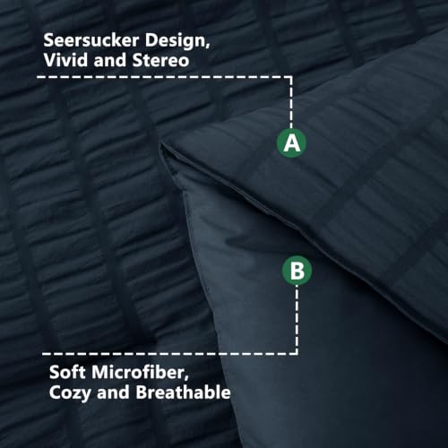 Image of HIMEET King Size Comforter Set - 7 Pieces Seersucker Bed in a Bag, Boho Bedding Sets for Bedroom Decor, All Season Home Essential Bed Set with Comforter, Sheets, Pillowcases & Shams, Navy Blue
