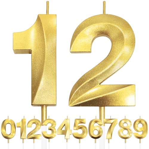 12th Bougie D'anniversaire à Paillettes Dorées au Design 3D, Bougies Numérotées pour 90e, Décorations de Dessus de Gâteau, Bougie de Gâteau pour Fête D'anniversaire, Anniversaire de Mariage