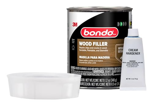 Bondo Wood Filler 12 oz with Hardener 0.5 oz, Repairs Chips and Cracks in Wood, Sandable, Paintable, and Stainable