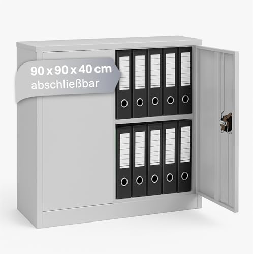 LagerZwei Mehrzweckschrank 90x90x40cm I Aktenschrank weiß abschließbar I Metallschrank inkl. Fachboden I Ideal als Werkstattschrank, Büroschrank & Kellerschrank I Stahlschrank robust I Allzweckschrank