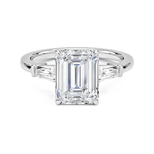 Image of GRA Certified 2.50CT Emerald Moissanite 3 Stone Engagement Ring | Emerald Cut 9x7 with Tapered Baguette Side Stones | 925 Sterling Silver | White Rhodium Plated (U)