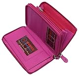MARSHAL Genuine Leather Double Zipper Clutch Checkbook Wallet for Women #4575CF (RFID Hot Pink)