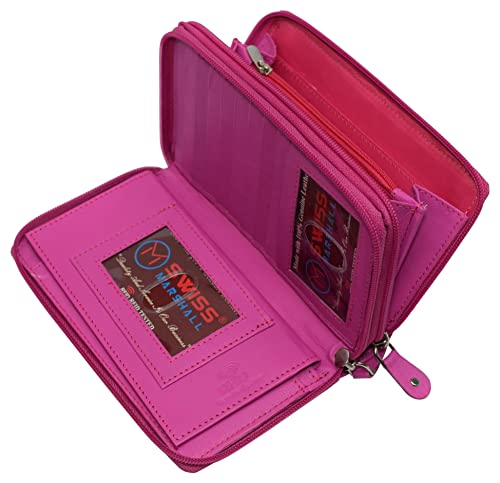 MARSHAL Genuine Leather Double Zipper Clutch Checkbook Wallet for Women #4575CF (RFID Hot Pink)