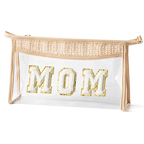 Boho Patch Makeup Bag For Mother Clear Toiletry Bag Varsity Letter Travel Cosmetic Bag Beige Transparent Waterproof Best Mother Zipper Makeup Pouch Mother's Day Gift For Women Girls (Mom) #TOP25