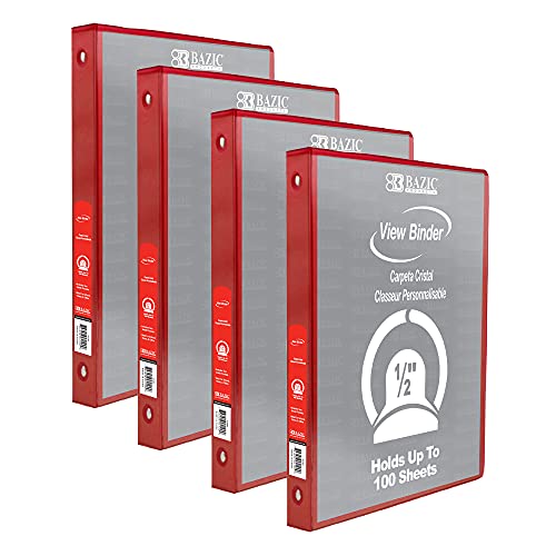 Image of BAZIC Products 1 /2 inch Red 3-Ring View Binder, Round Ring, 2 Pockets, 4-Pack | round rings, 1 /2 in Red view 3-ring binder, 2 inside pockets, holds up to 100 sheets, Durable poly cover