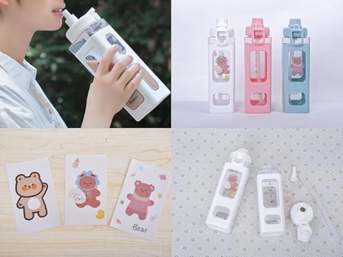Image of Livello Large Kawaii Water Bottle with Straw and 3D Stickers Cute Aesthetic Bottle Kawaii Milk Bottle Tea Cup Juice Shaker Portable Silicone (700Ml /24Oz (Multi Colour) (Pack of 1)